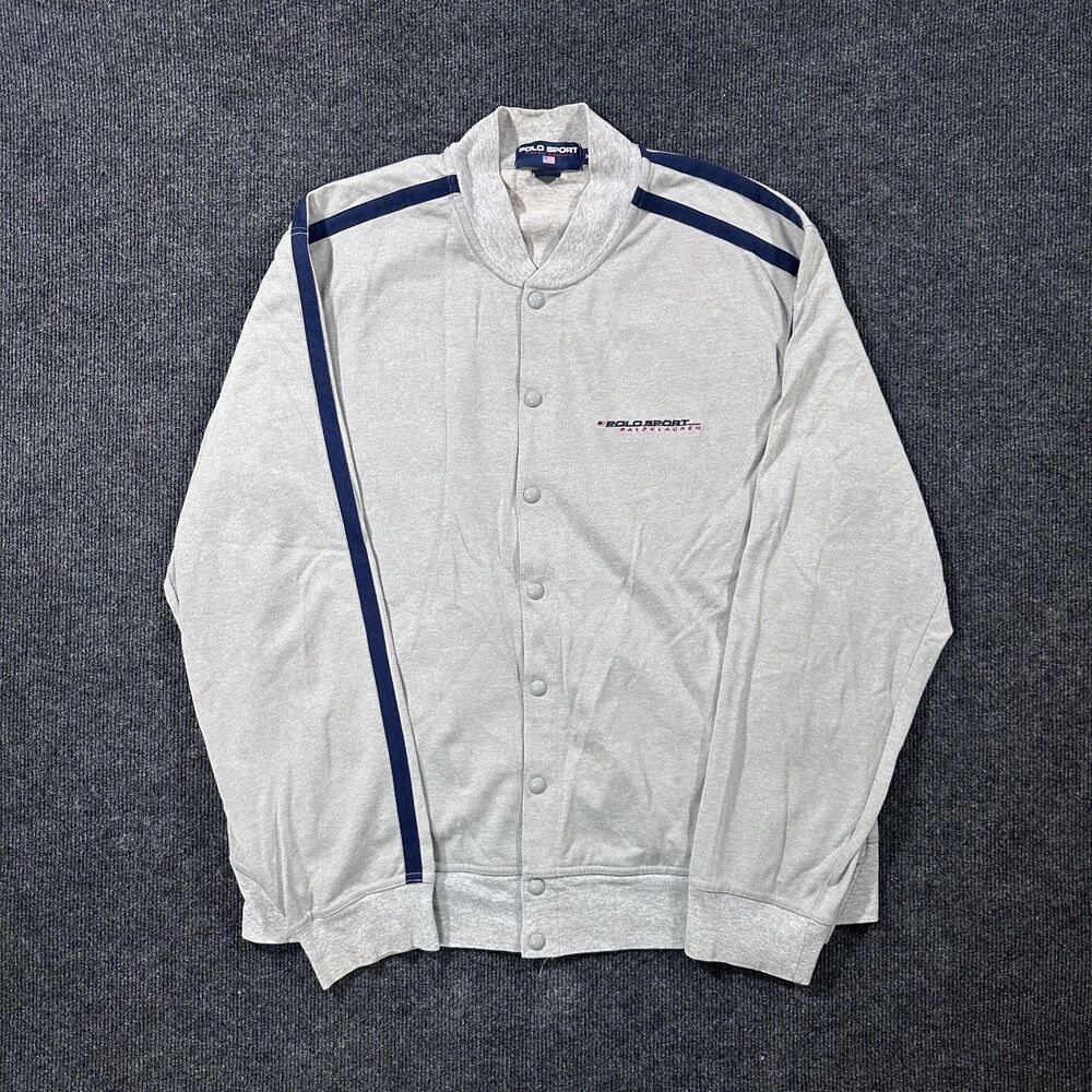 Vintage Polo Ralph Lauren Sport Gray Blue Mens XL Sweat Jacket Snap Button